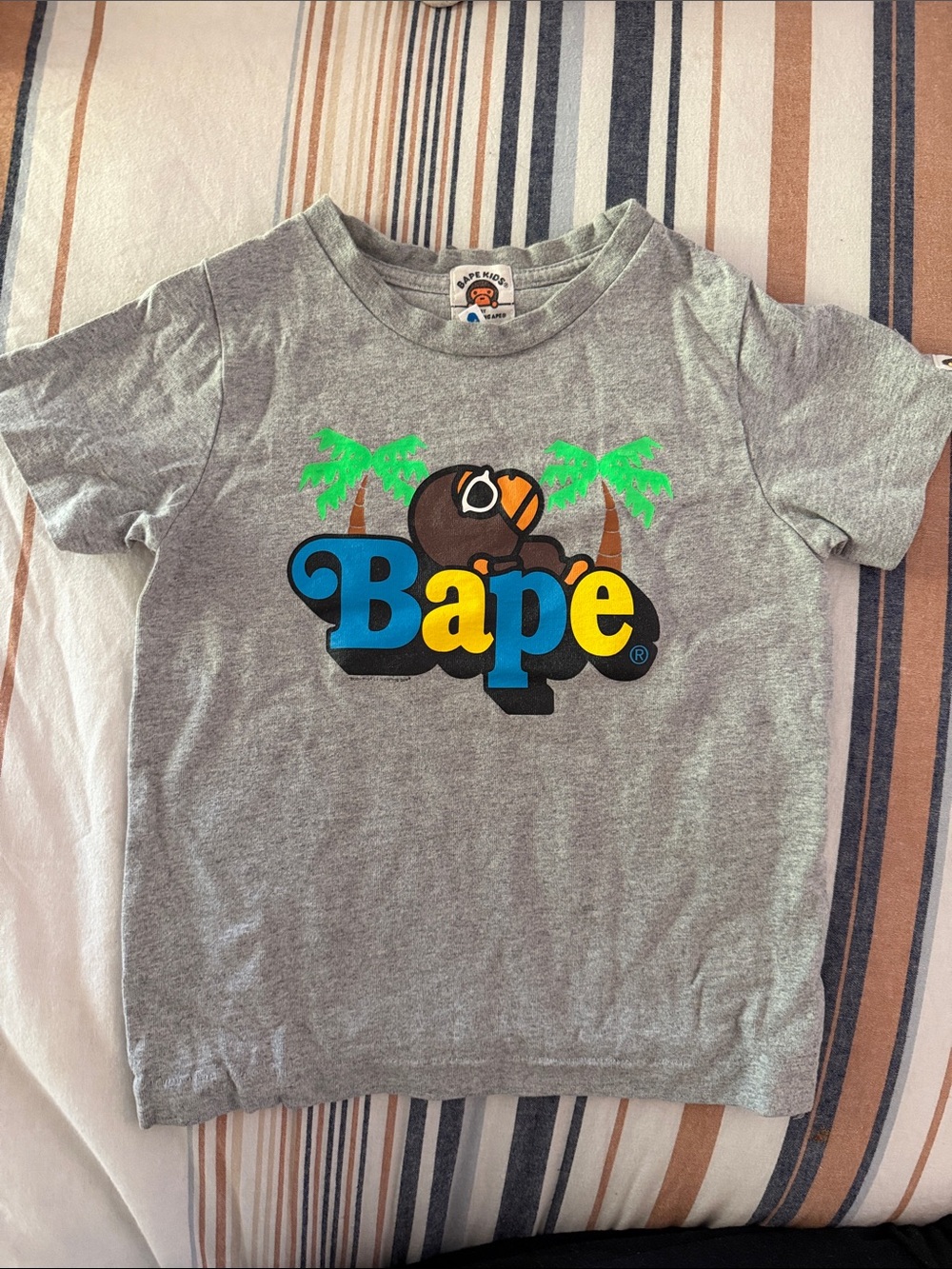 Bape Grey Short Sleeve Tee with Multicolor Logo and Green Palms